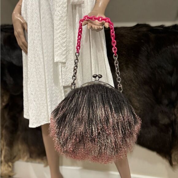 Handmade Gradient Color Real Mongolian Lamb Fur Kisslock Shoulder Bag/Crossbody - Picture 3 of 14